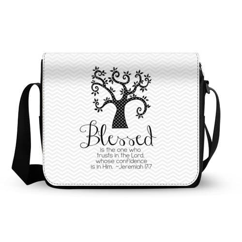 Grey and White Chevron Pattern Bible Verse Messenger Bag, Blessed is The One Mens Womens Messenger Bag Cross Body Shoulder Bag Oxford Fabric