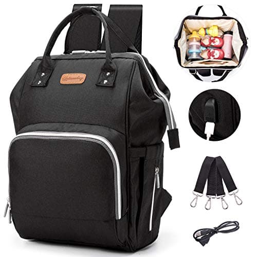 Large Capacity Diaper Bag Backpack with USB Charging Port, Multi-Function Travel Backpack, Waterproof Nursing Bag for Mommy, Baby Nappy Bag with Anti-Theft Pocket - Include 2 Stroller Straps (Black)