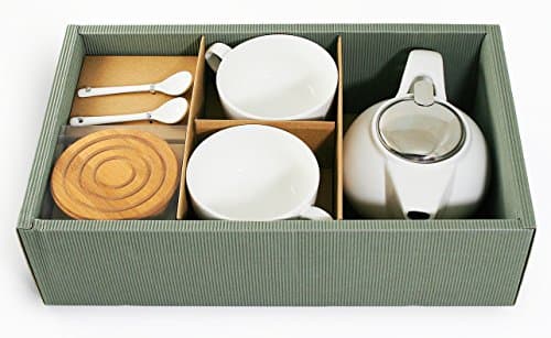 TeaBranch Ceramic Tea Set That Includes Teapot With Stainless Steel Infuser, 2 Tea Cups, 2 Porcelain Spoons and 2 Bamboo Coasters (White)