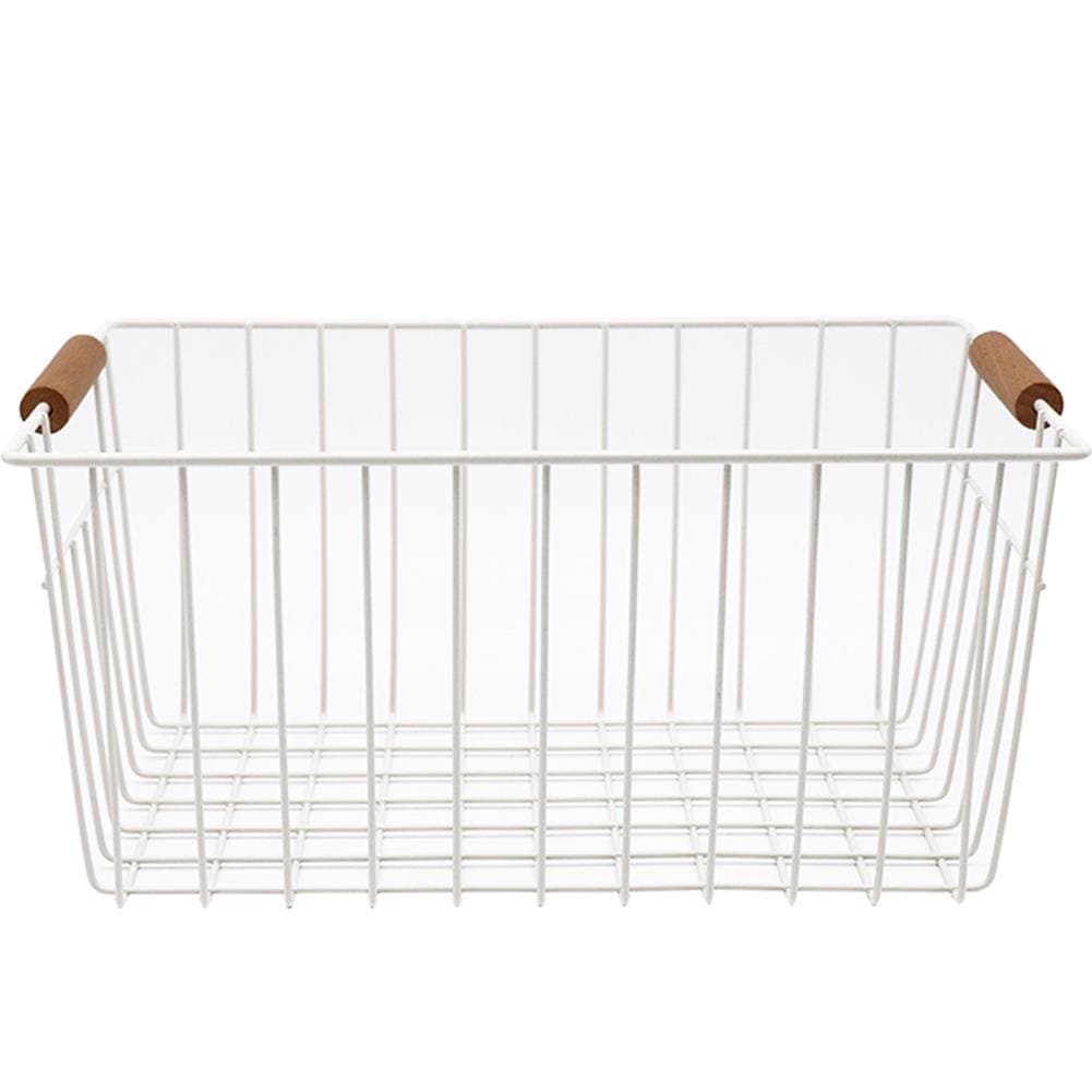 Iron Wooden Handle Kitchen Fruit Storage Basket, Ivory White (Large)