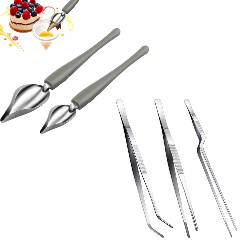 Multi-use Stainless Steel Chef Culinary Drawing Spoons, 2 Pcs Culinary Precision Drawing Spoons, 3 Pcs Stainless Steel Cooking Tweezers, for Food Culinary Plating Decorating