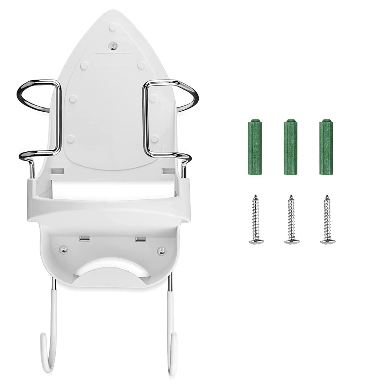 DOUBLE 2 C Iron Board Hanger Wall Mount Electric Iron Holder Iron and Ironing Board Storage Organizer Shelf with Removable Hooks for Household Bathroom Laundry Room(White)