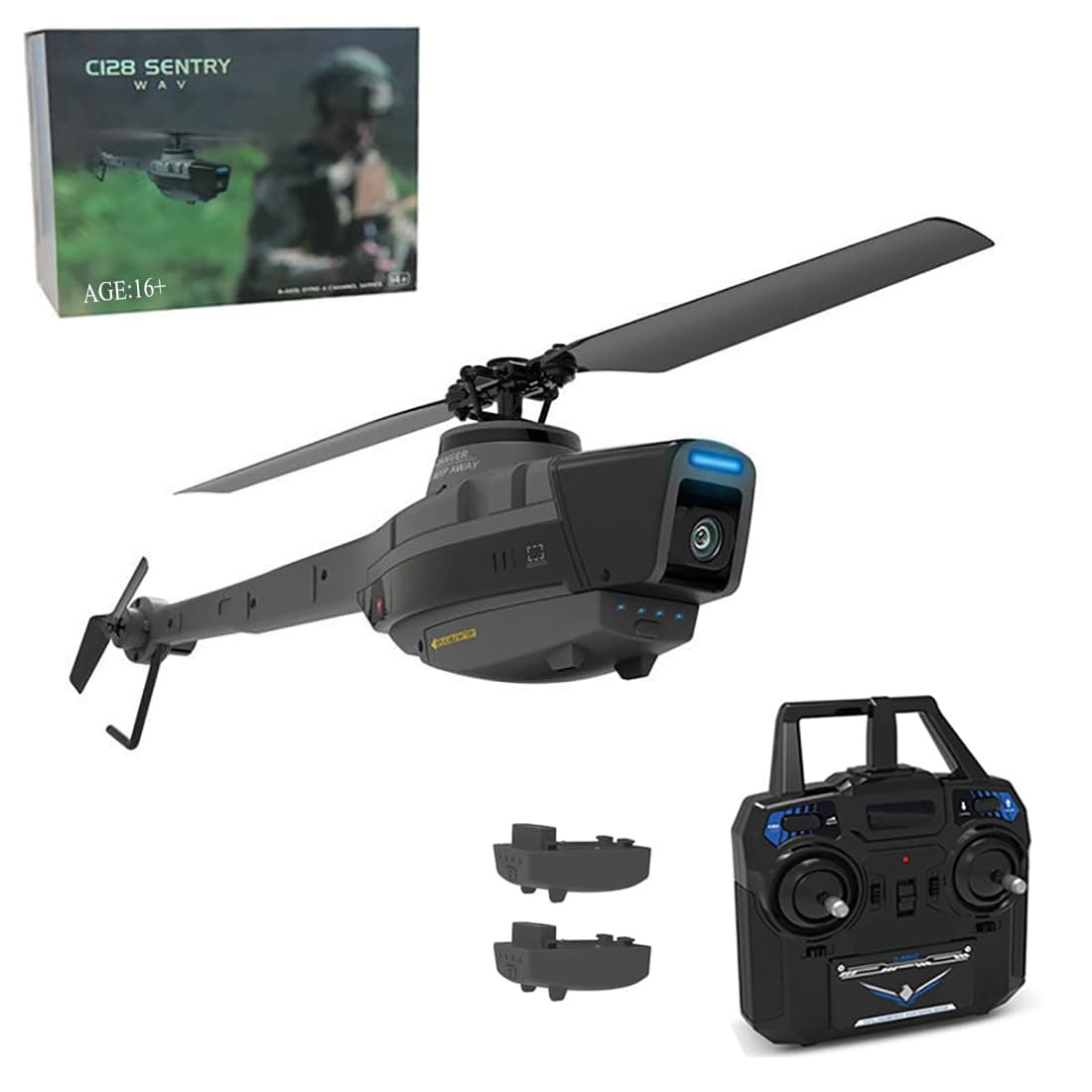 C128 RC Helicopter, 2.4G 4CH Remote Control Helicopter with Camera for Adults, Single-Rotor Aileronless RC Military Aircraft Helicopter Indoor Outdoor (2 Batteries)