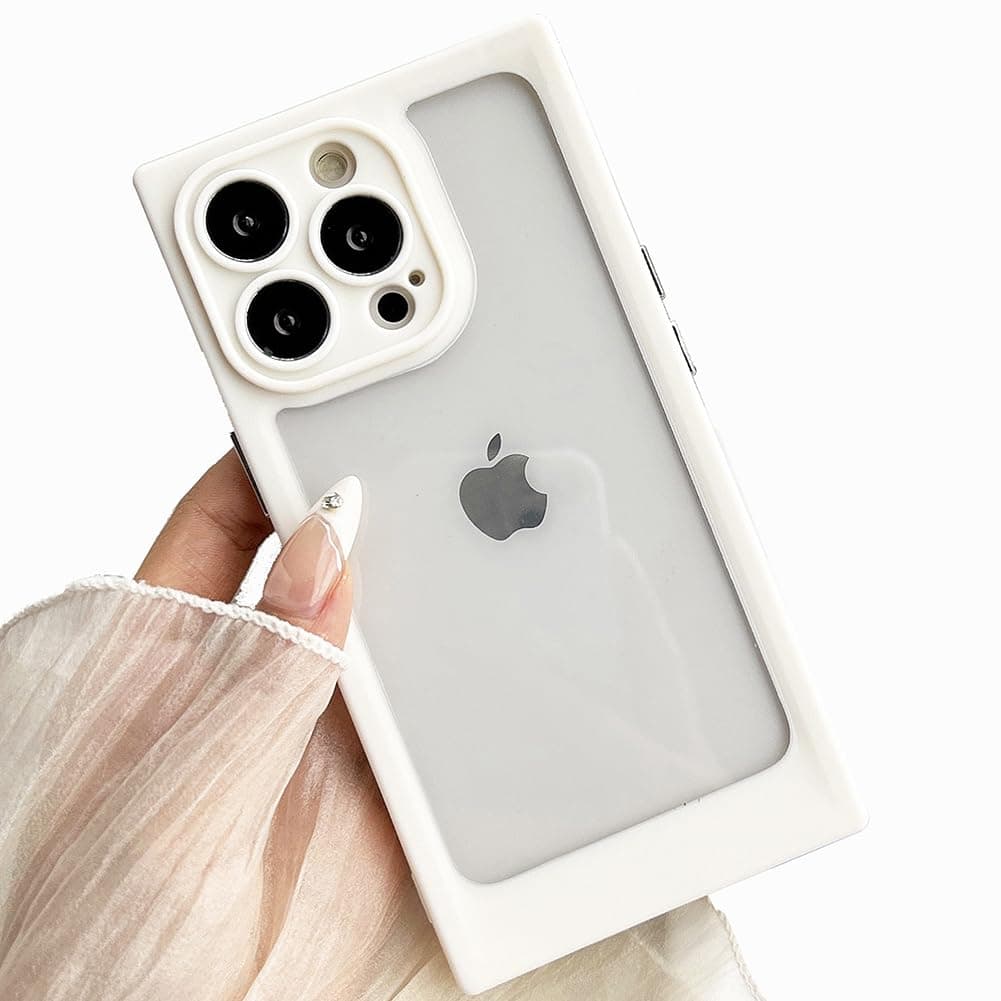 LEMONCOVER Case Cute 3D Clear Window Square Design Soft TPU Silicone Camera Screen Protect Bumper for Women Girls Slim Reinforced Shockproof (White,for iPhone 13 14)