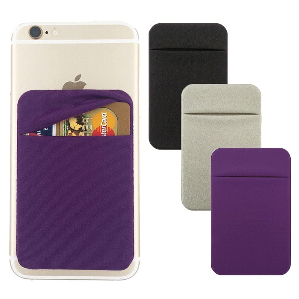 3Pack Cell Phone Card Holder Stick On, Phone Wallet Double Pocket for Back of Phone Case, ID/Credit Cards Wallet Sticker Stretchy for All Smartphones-Purple,Silver,Black