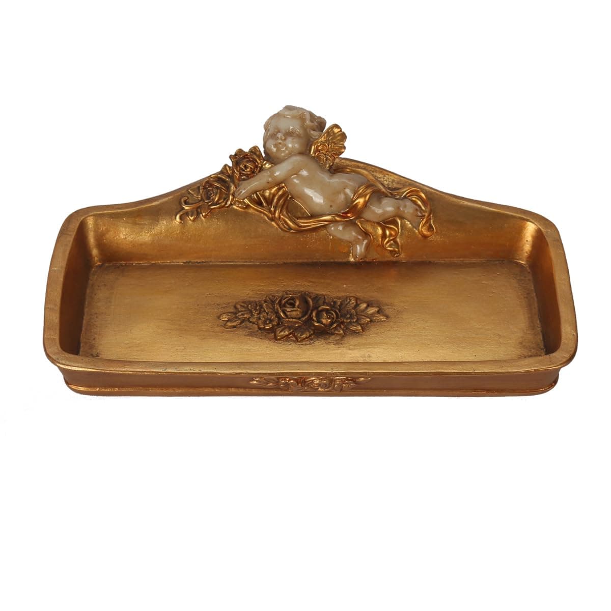 S-MANTIS Vintage Tray Antique Trinket Dish, Small Rectangular, Ring Holder With Cherub and Floral Design,Jewelry Or Cosmetics Makeup Storage Organizer,Gift,Aesthetic Room Decor (Ivory and Gold-Cherub)