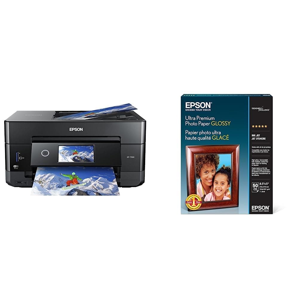 Epson Expression Premium XP-7100 Wireless Color Photo Printer with ADF, Scanner and Copier, Black, Small & Ultra Premium Photo Paper Glossy (8.5x11 Inches, 50 Sheets) (S042175),White