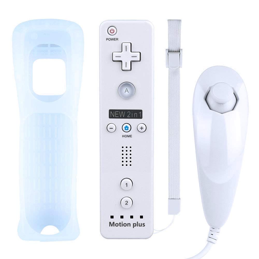 GROTO Wii Remote Controller, Built in Motion Plus & Nunchuk Controllers, Built-in 2 in 1 Remote Motion Nunchuck Controller with Silicon Case Compatible for Wii and Wii U(White)