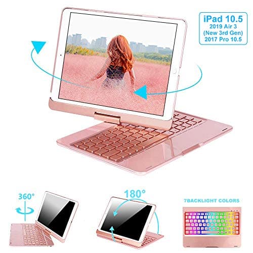Keyboard Case for iPad Air 2019 3rd Gen / iPad Pro 10.5 2017 | 360°Rotatable | 7 Colors Backlit | Smart Auto Sleep-Wake | Ultra-Thin Aluminum Shell Folio Case | BT/Wireless | Silent Typing (Rose Gold)