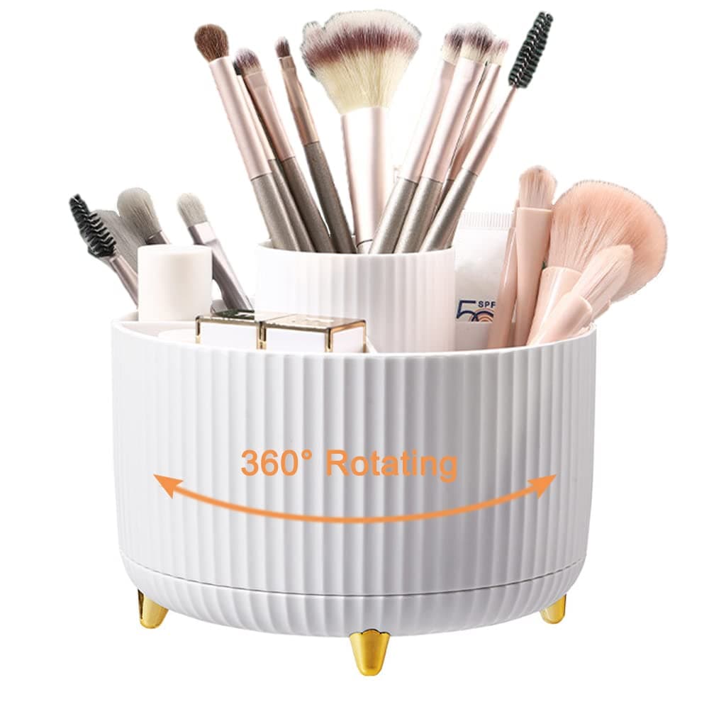 360° Rotating Makeup Organiser, Creative Makeup Brush Holder with 5 Compartments, Desk Tidy Organiser Pencil Holder for Dresser, Bedroom, Bathroom, Office（White）