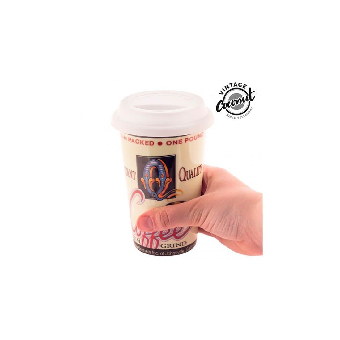 Vintage Coconut Ceramic Coffee Mug with Lid