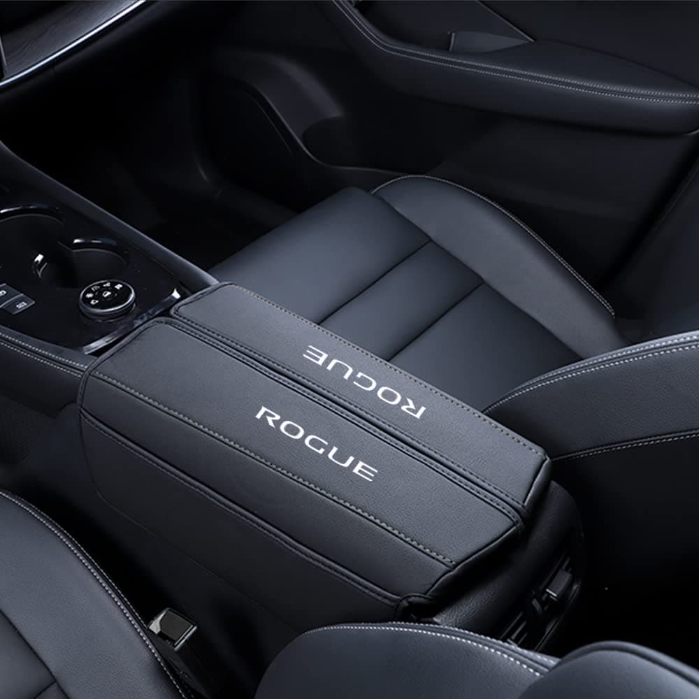1PC Leather Center Console Armrest Cover with Side Pockets for Nissan Rogue 2021 2022 2023 2024 2025 2026 Accessories(Black Stitches)