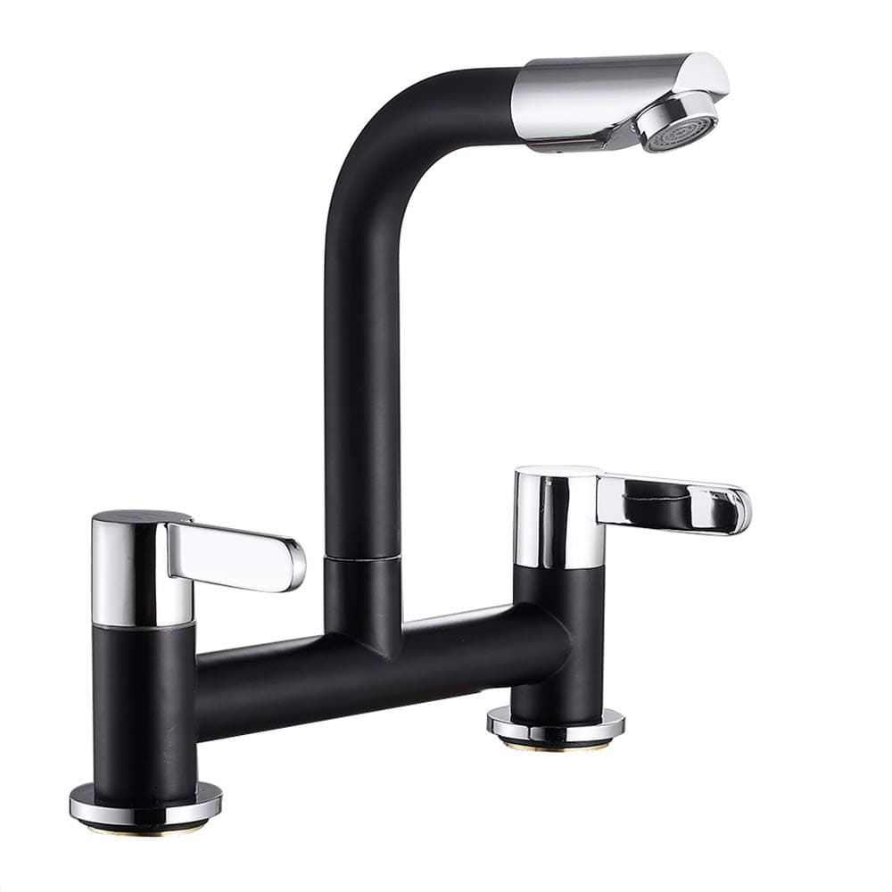 Ghopy Dual Lever Kitchen taps Mixers 2 Hole Deck Mounted Cold and Hot Mixer Tap Modern 360° Swivel Spout Brass Basin Black Faucet with UK Standard Fittings (Black)