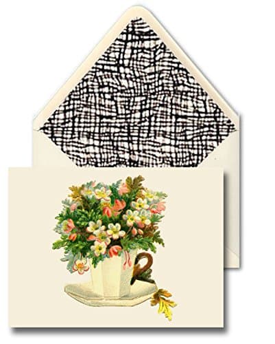 HAND MADE CARDS AND HAND LINED DESIGNER ENVELOPES [Set Of 10] - Botanicals/Flowers/Nature - Artist's Lovely "Tea Cup With Small Flowers" Stunning Vintage Art Combines With Elegant Hand Made Paper With A Sophisticated And Striking Modern Black And White Design/Pattern And Specialty Materials To Create These Delightful Cards From Our Design Collection - A Stylish Way To Add A Personal Touch To Your Correspondence - Crafted By Hand By K DESIGNS