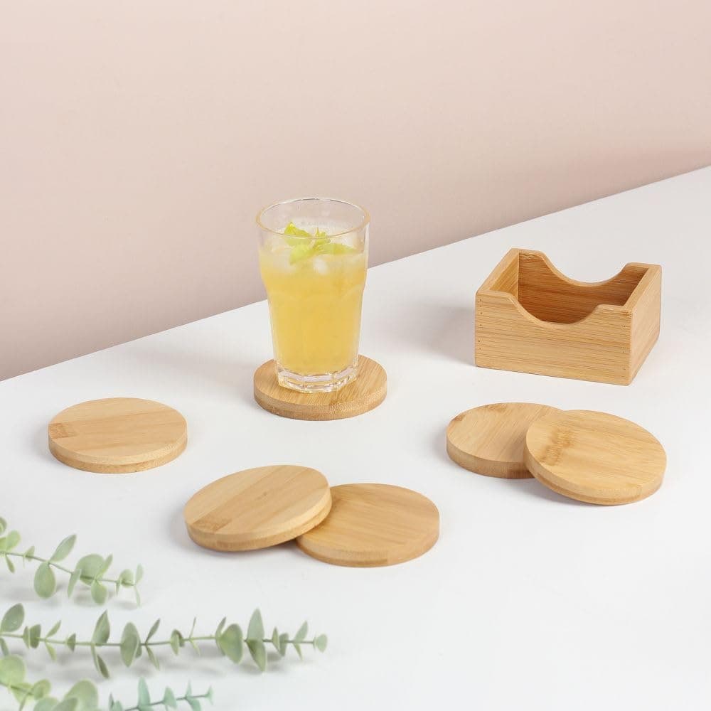 Loretta 6-Piece Bamboo Coaster Set With Holder - Dia 9 X 1.2Cm | Wooden Coasters for Hot Beverages | Home Kitchen Dining - Natural