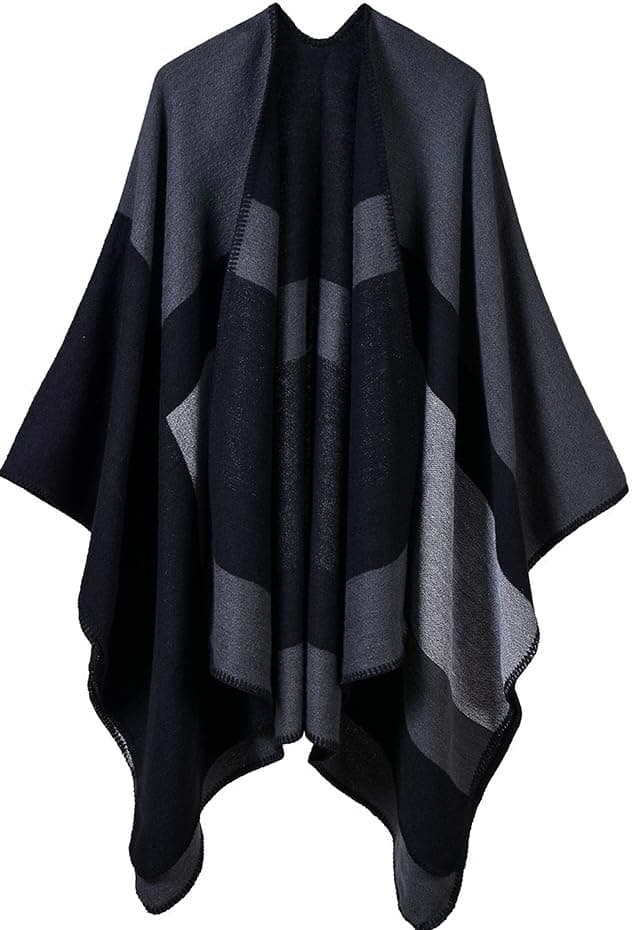 MisstyleWomen's Color Block Warm Shawl Wrap Poncho Cape Open Front Long Winter Coat
