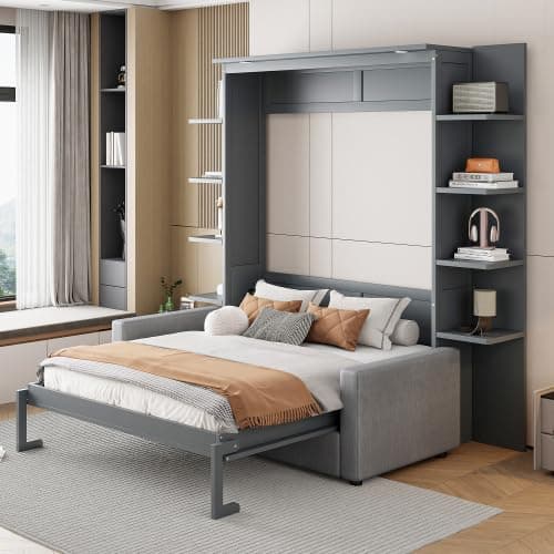 Bellemave Queen Size Murphy Bed with Sofa, Wall with Storage Shelves, Folding Cabinet Bed for Bedroom, Apartment, Home Office, Gray