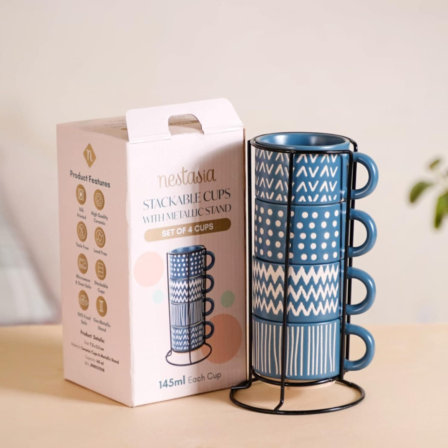 Nestasia Stackable Ceramic Cups Set of 4 (100 ml) | Microwave & Dishwasher Safe Tea & Coffee Cups with Glossy Finish | Ideal for Gifting (Printed Blue with Stand)