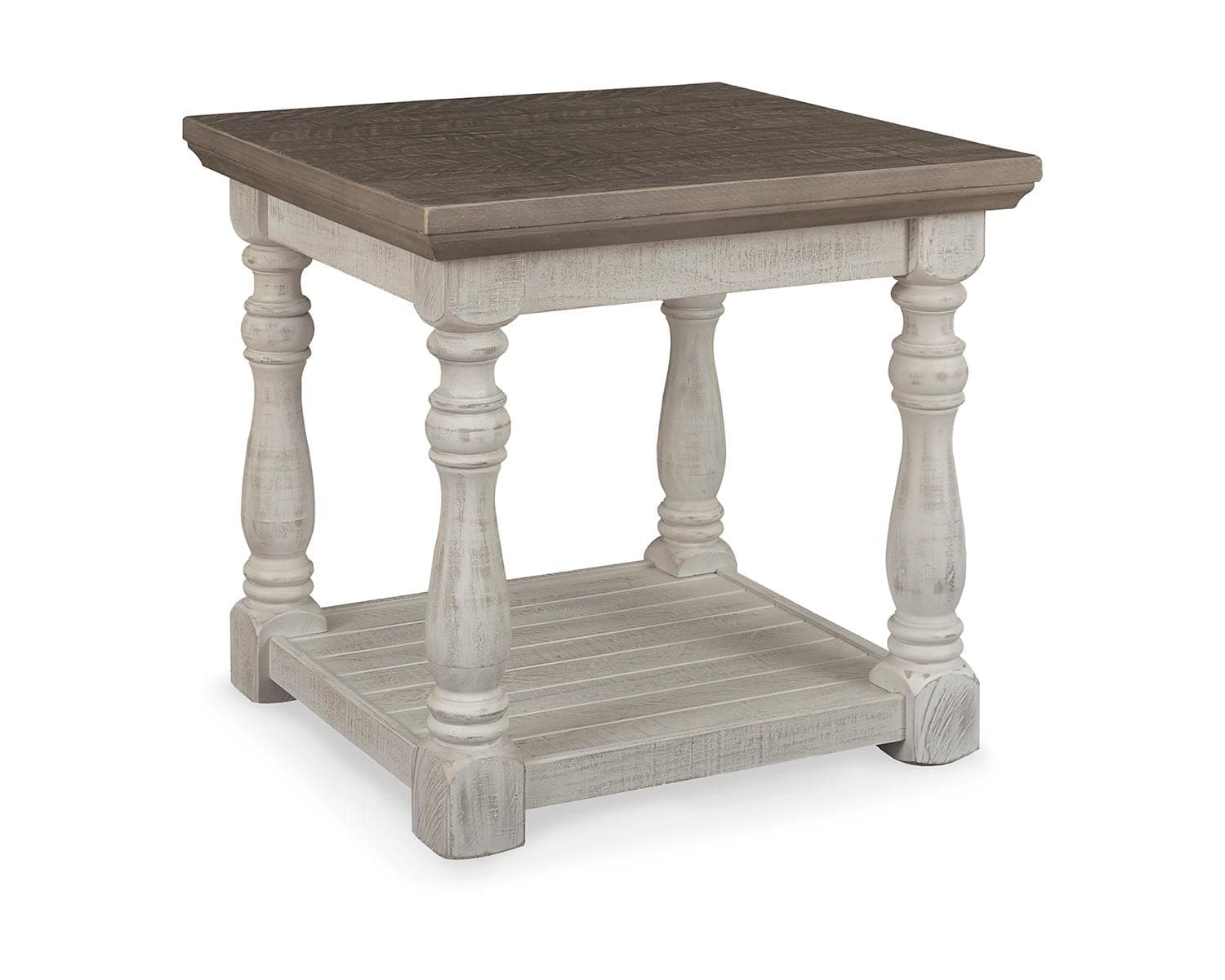 Havalance Farmhouse Rectangular End Table, Floor Shelf, Wood, 26" W x 24.13" D x 24" H, Vintage Gray & White with Weathered Finish