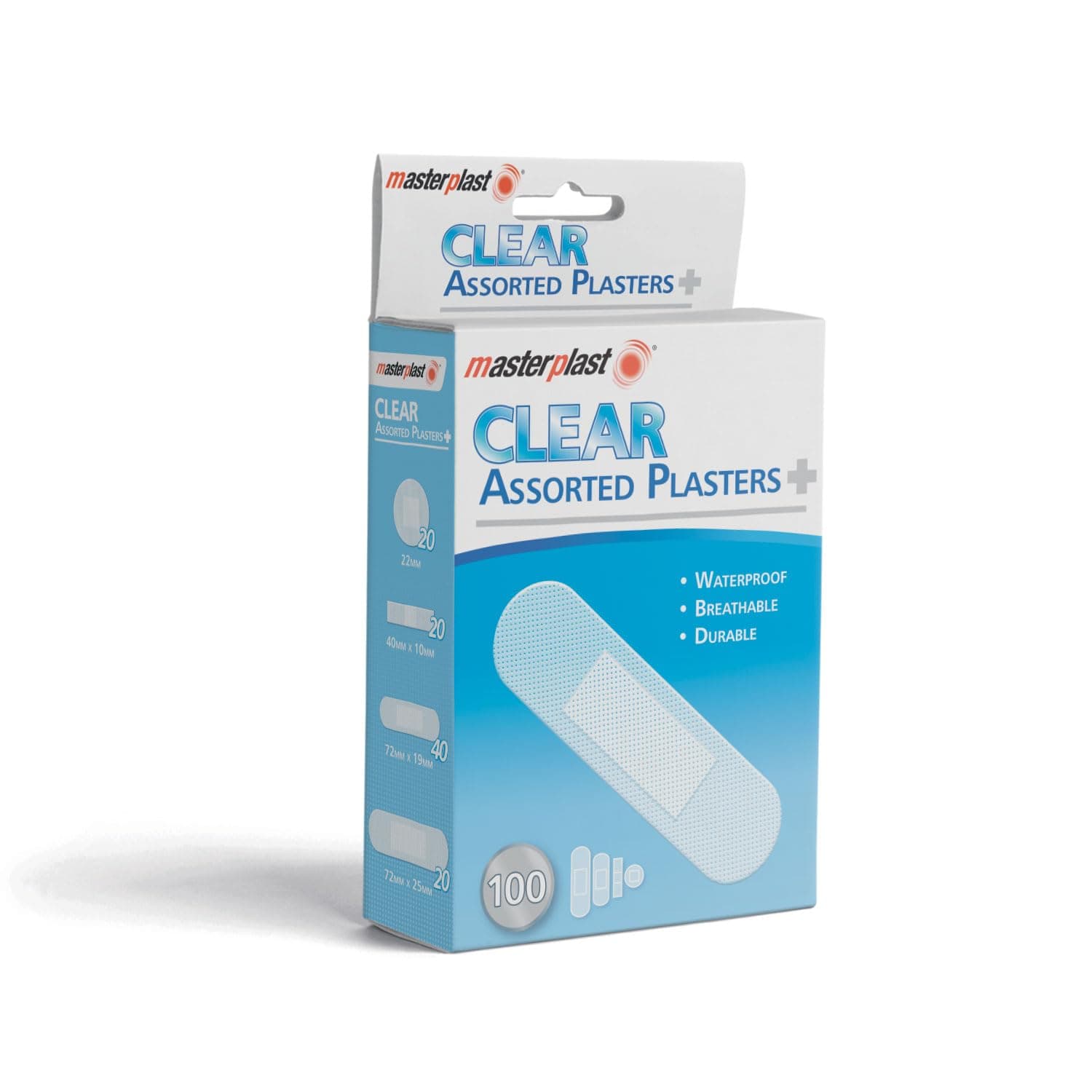 Clear Assorted Plasters 100 Pack | Waterproof Plasters | Breathable Durable Transparent | 4 Sizes 22mm, 40mm x 10mm, 72mm x 19mm, 72mm x 25mm