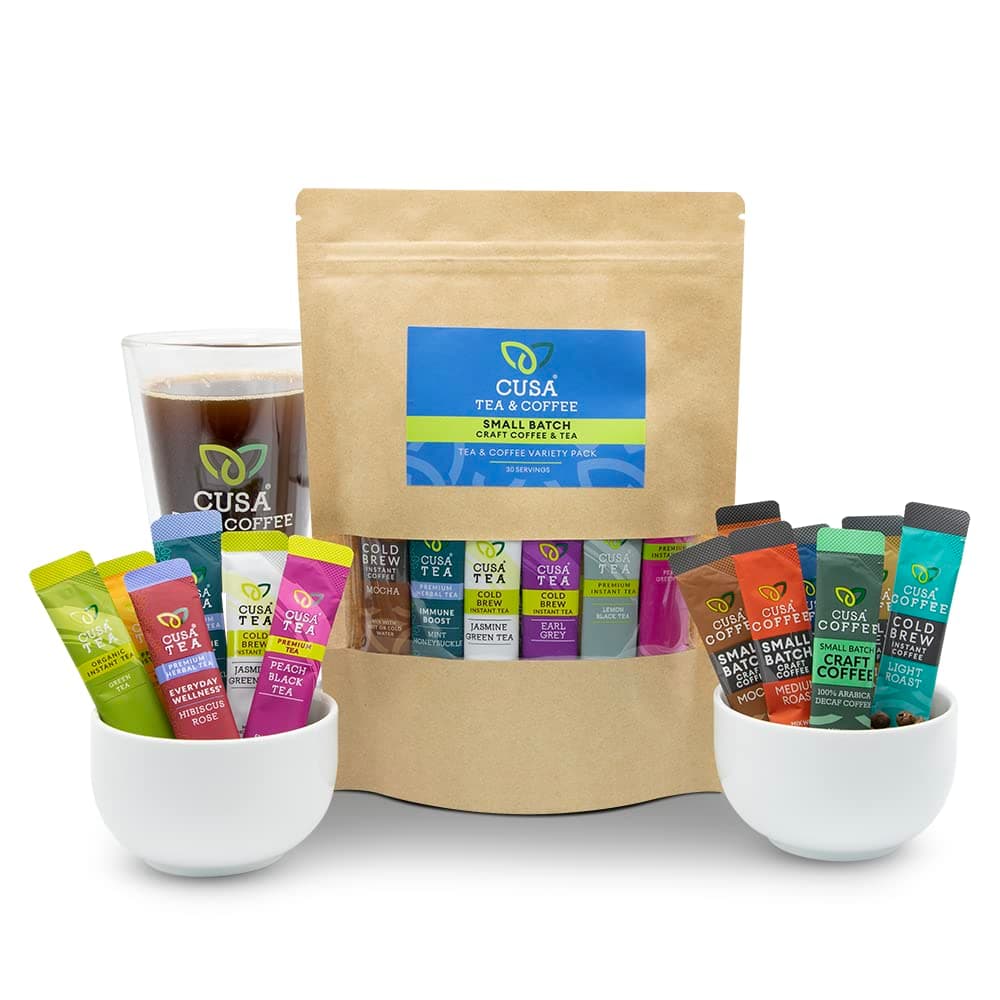 Cusa Tea Premium Instant Tea & Coffee Mix Variety Pack | Herbal Iced or Hot Tea Gift Sets | Includes All Coffee and Tea Flavors for Daily Life (30 Servings)