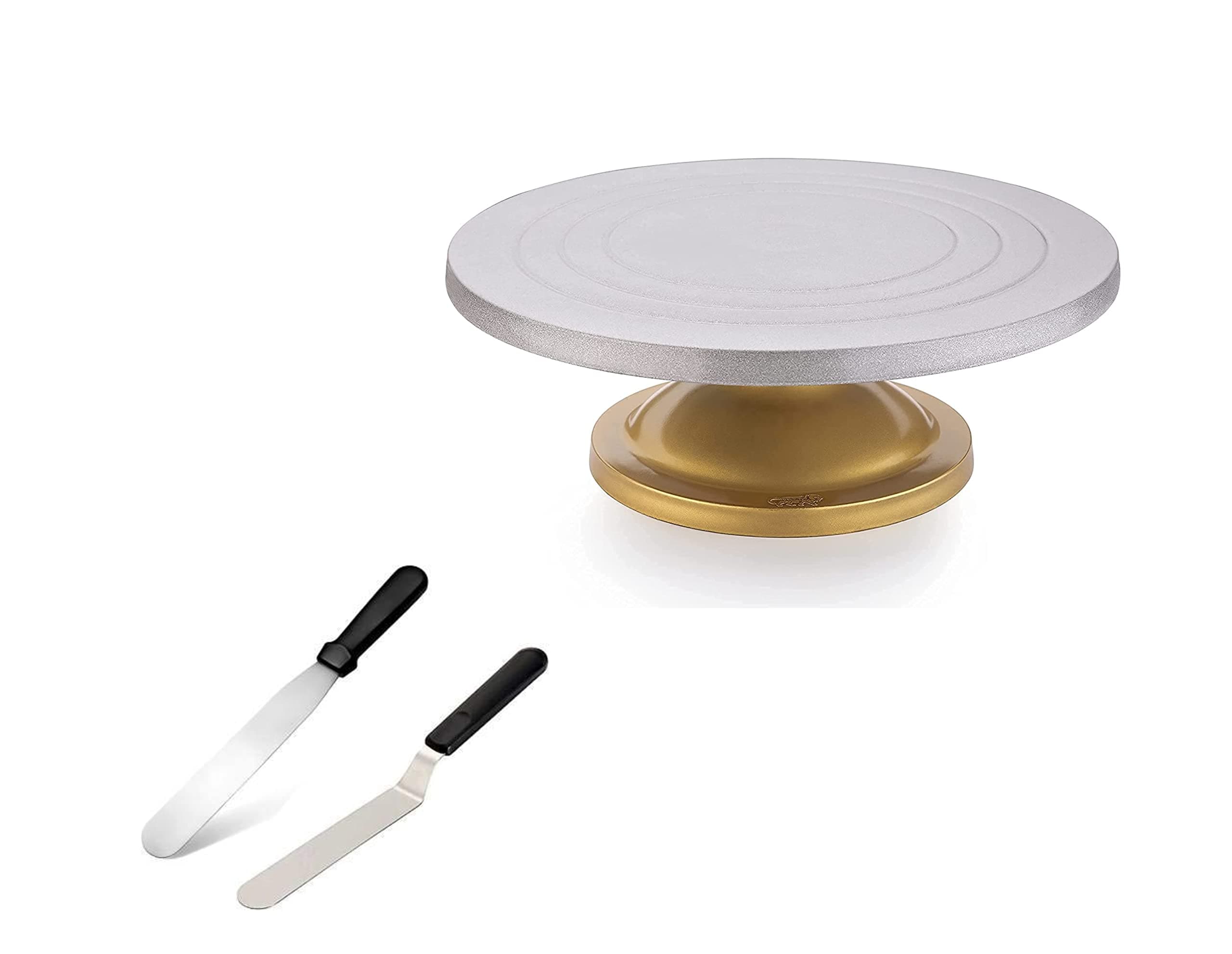 TEX-RO Cake Decorating Turntable/Serving Stand, Silver & Gold, 12 Inch Round, Plastic, 100% Plastic, Perfect for Birthdays, Weddings, Christmas, Easy to Clean