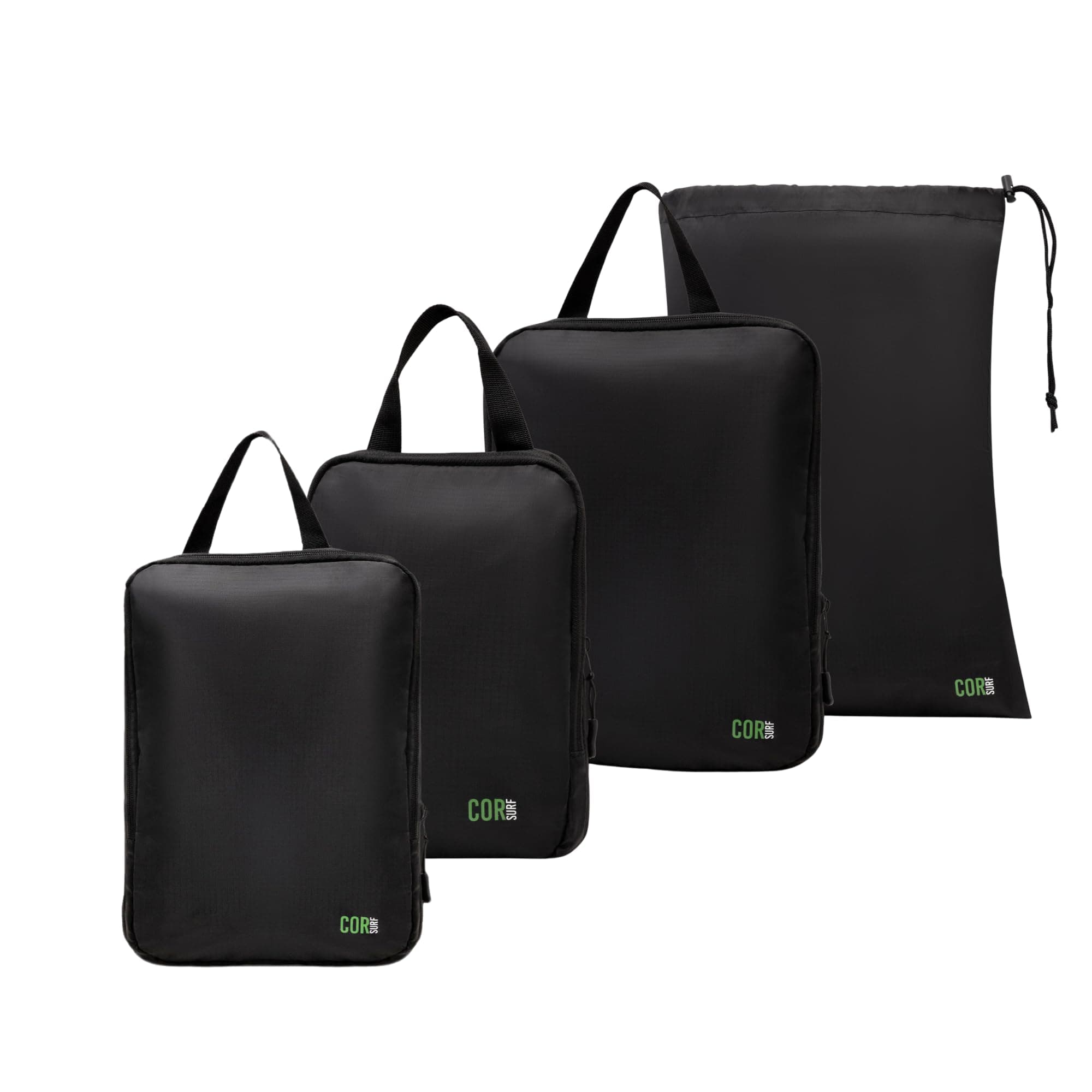 COR SurfCOR Surf Compression Packing Cubes Travel Organizers plus Laundry or Shoe Bag with YKK Zippers (Black, 4 Piece)
