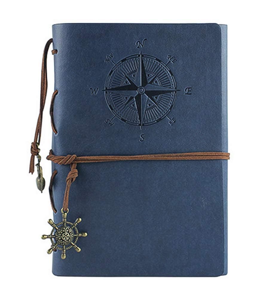 Leather Writing Journal Notebook, Vintage Nautical Spiral Notebook Refillable Diary Sketchbook Travel Journals to Write in with Blank Pages and Retro Pendants (Deep Blue)