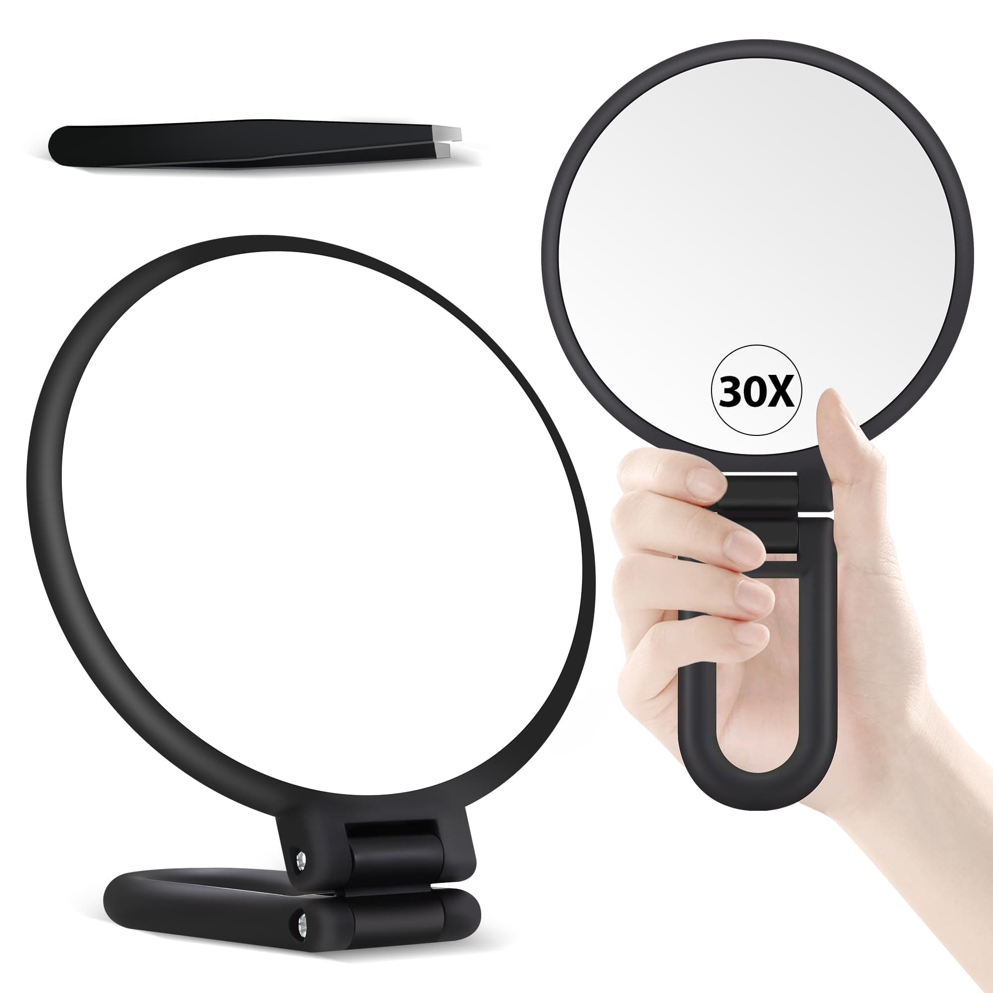 30X Magnifying Mirror, Hand Mirror with Handle, Double Sided Hand with 30X/1X Magnification, Travel Essential, Portable Foldable Makeup for Precision Makeup Frosted Black
