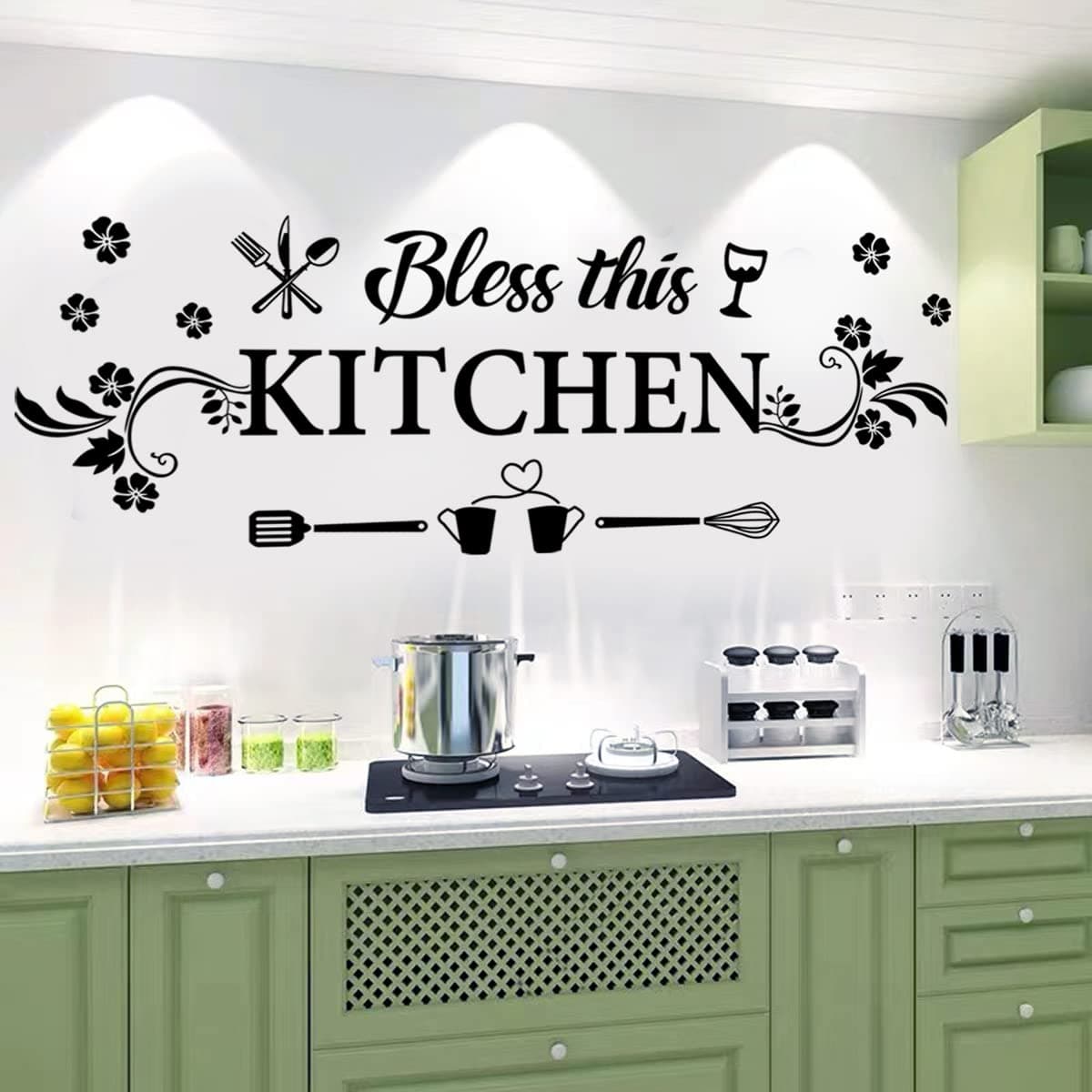 CASADECOR Kitchen Wall Decor Sticker Kitchen Quotes Bless This Kitchen Wall Decals Flower Art Removable DIY Vinyl Wall Stickers for Kitchen Dining Baking Room Bar Restaurant Home Decor.