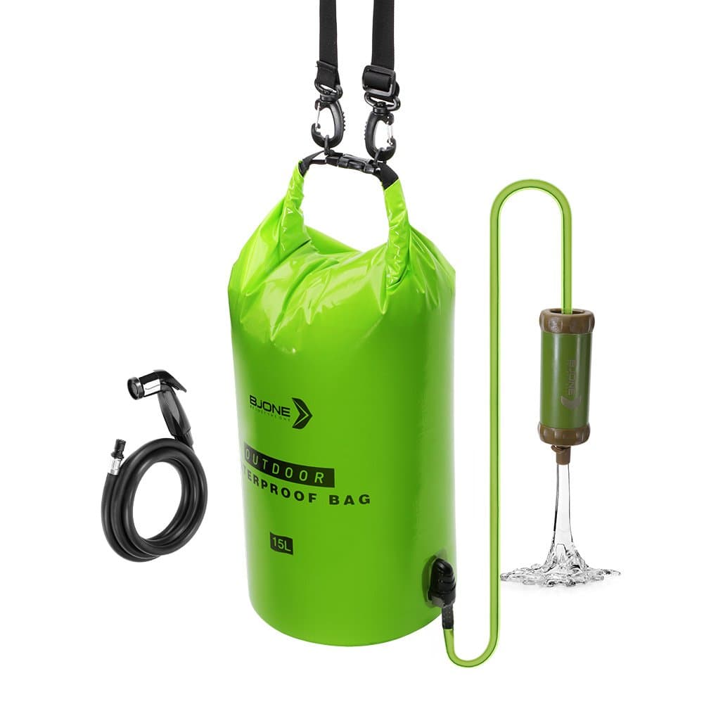 BJONE 15L Gravity Filter with Water Bag Gravity-Fed Water Purification System High-volume Water Purifier with a Shower for Camping, Backpacking, Traveling and Outdoor Activities. (Green)