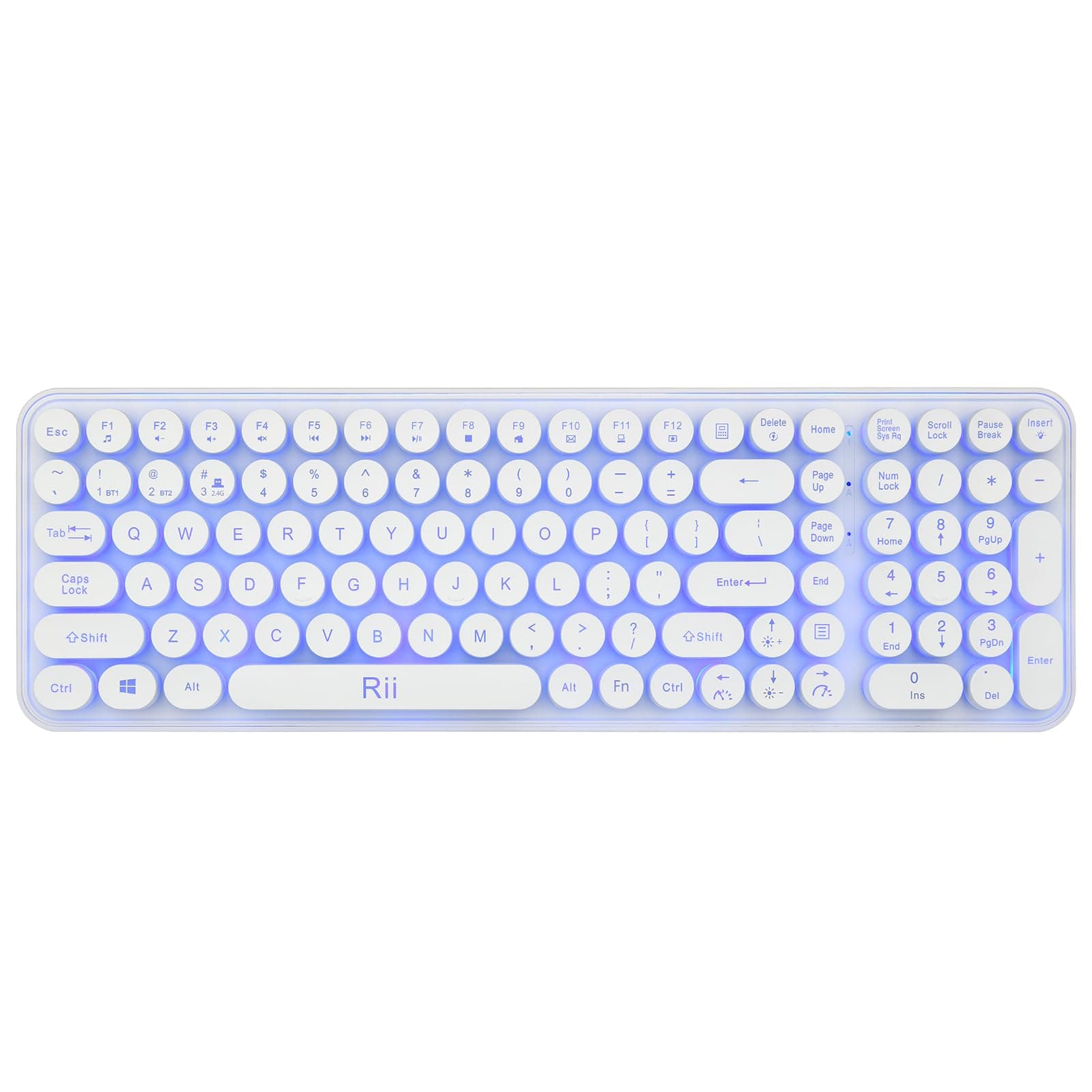 Rii Wireless Typewriter Style Gaming Keyboard, Multi-Device Connections（ Dual BT+2.4G） 7-Color RGB Backlit, 105 Retro Punk Round Keys Keyboard, for Windows/Mac/PC/iOS/Android，White（Updated）