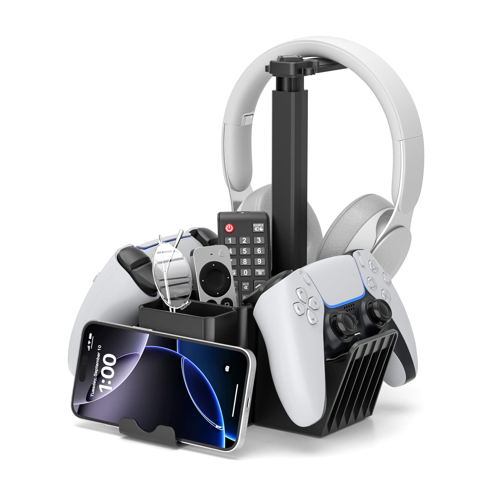 KDD Dual Controller Holder with Headphone Stand - Multi-Functional Desk Storage Box with Phone Holder - Universal Controller Stand with Desktop Organizer for Remote Control Pen Accessories