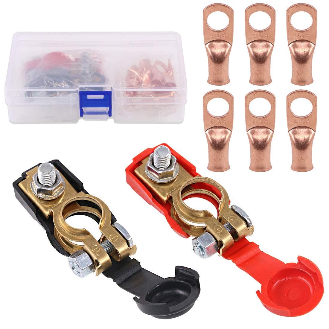 8Pcs Car Battery Cable Terminal Clamps Quick Release Battery Terminals Clamps Negative and Positive with Copper Ring Terminal Auto Battery Terminal Connectors Kit for Car Van Carts
