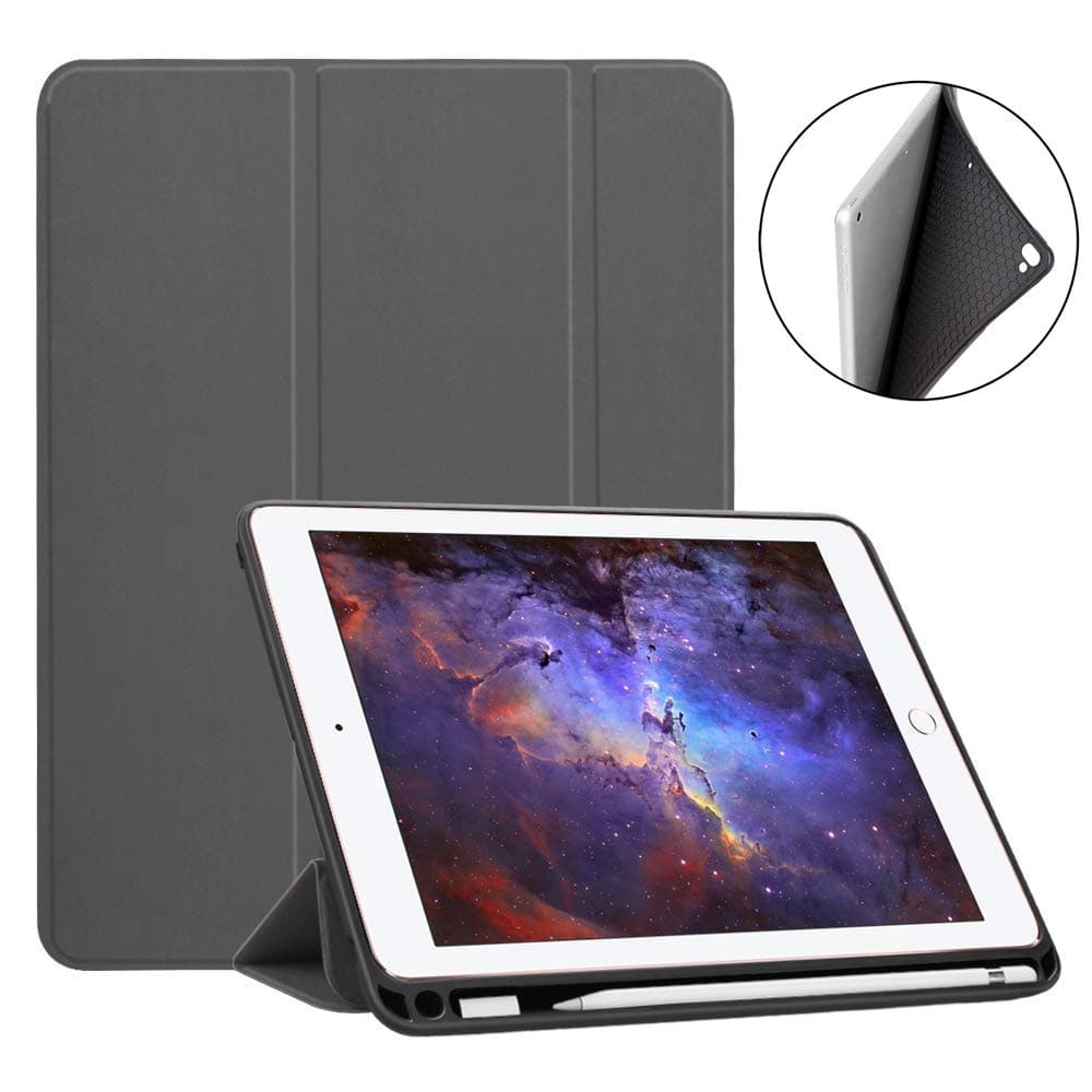 TiKeDa Compatible New iPad 9.7 2018 Case with Apple Pencil Holder Slim Lightweight Trifold Stand Folio Smart Auto Wake/Sleep Soft TPU Cover for Apple iPad 9.7 Inch 6th Generation (Grey)