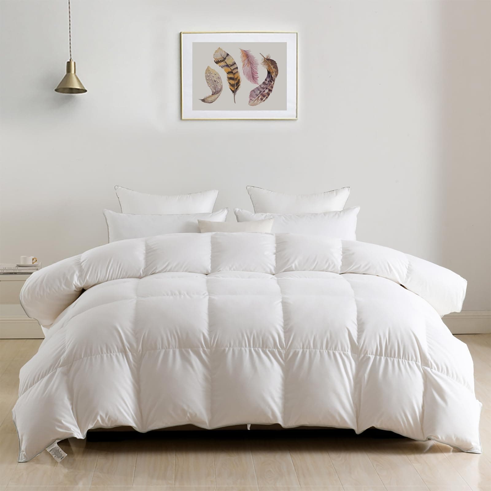 Heavyweight Down Feather Fibers Comforter Full/Queen, Ultra-Soft Cotton Blend Fabric, High Fill-Power 55oz Overfilled Winter Warm Hotel Duvet Insert for Cold Weather/Sleeper (90x90, White)