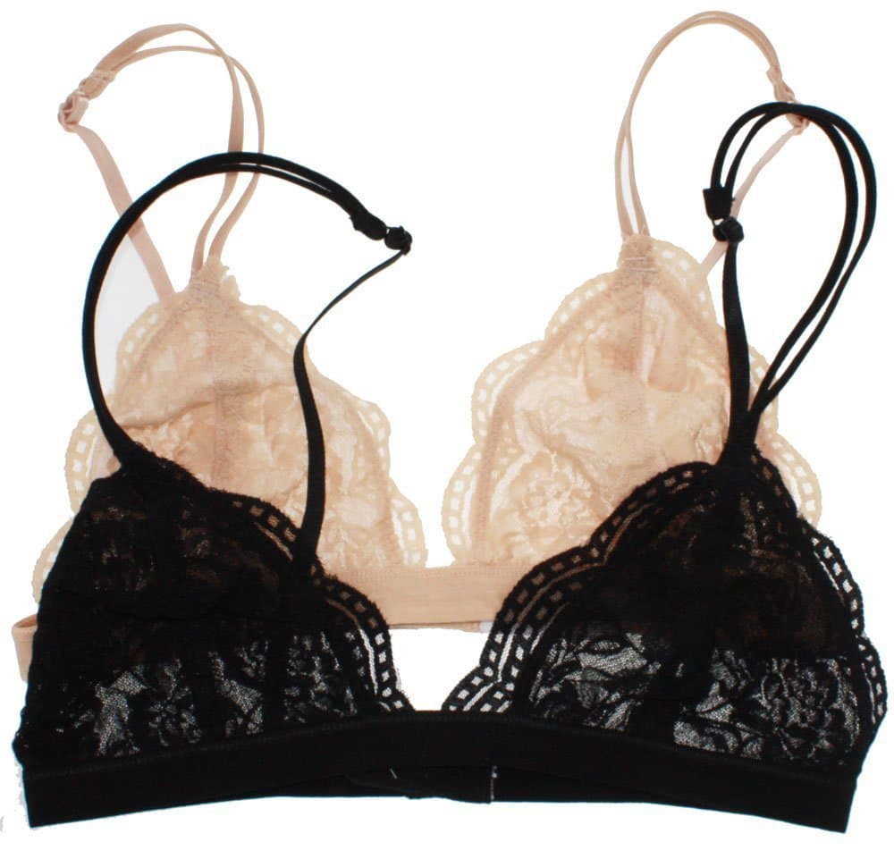Full Lace Semi Sheer Bralette Thin Band,Small/Medium,2 Pack: Black/Beige