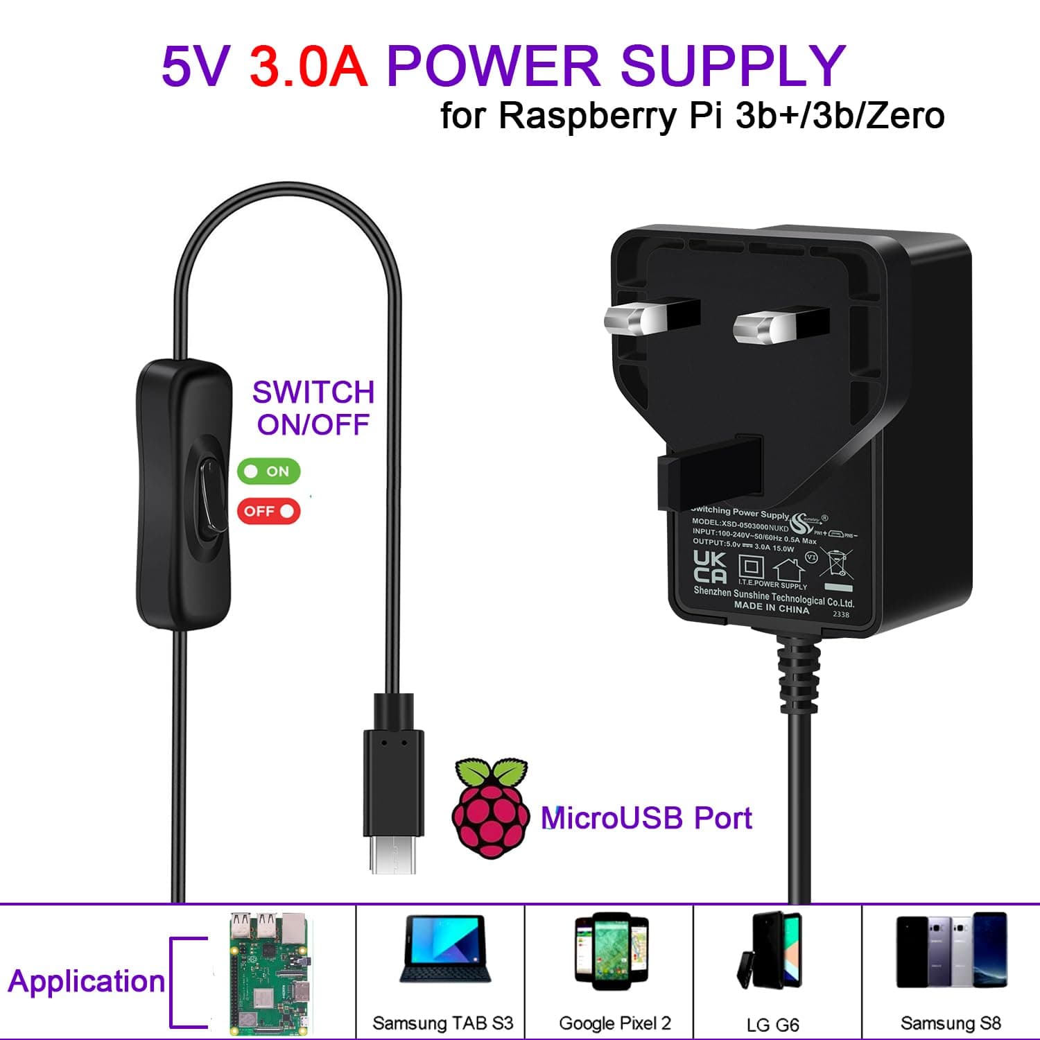 [5V 3A 15W] Power Supply for Raspberry Pi With On/Off Switch - Compatible With 3/3b+/Zero/Zero 2w - MicroUSB
