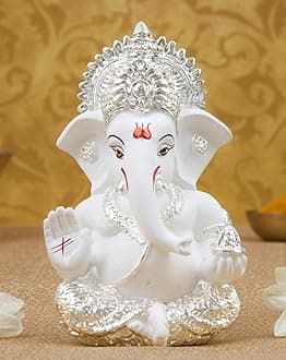 Gold Art India Silver Plated White Ganesha for Car Dashboard Home Decor Gifting Diwali Birthday Festivals 3.5 x 2 Inches