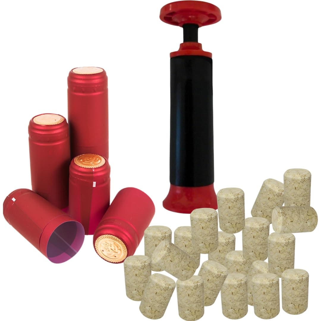 Home Brew Wine Closing Kit Hand Corker - 20 Corks and 100 Red Shrink Caps