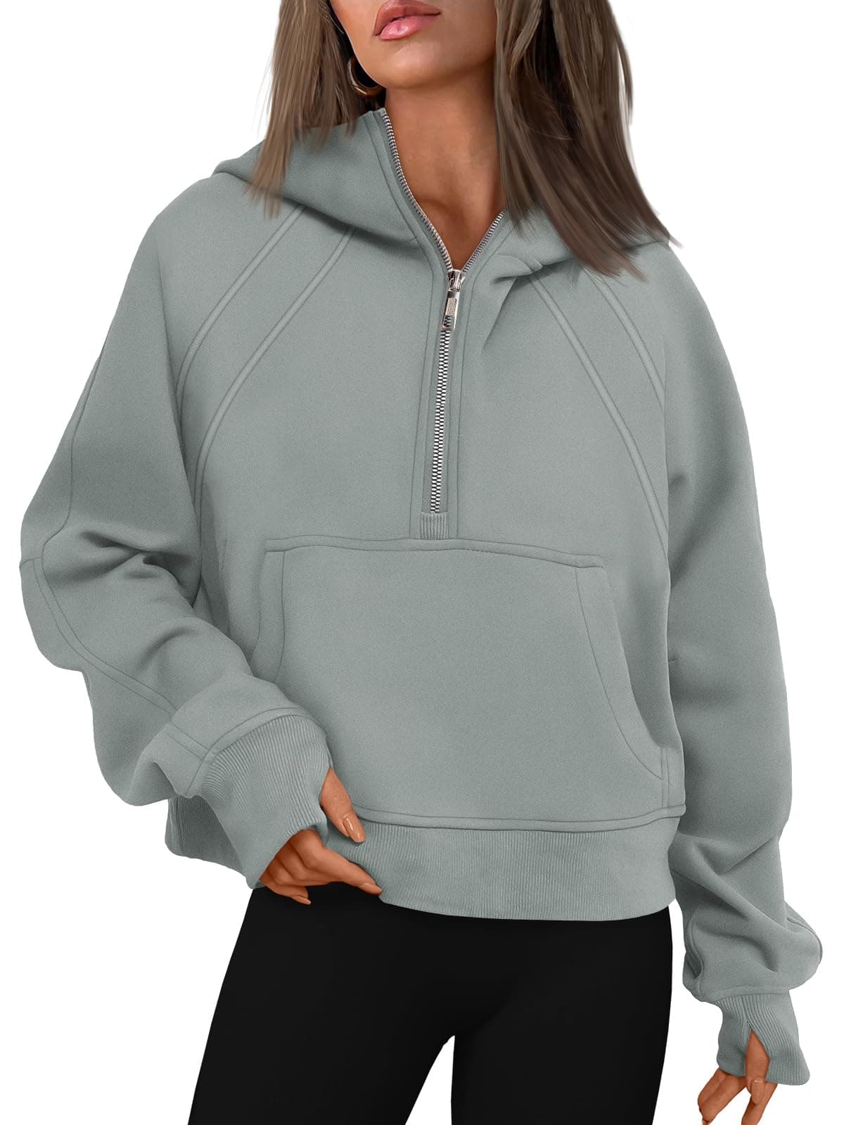 WYNNQUE Womens Half Zip Pullover Quarter Zip Oversized Sweatshirts Cropped Hoodies Long Sleeve Fleece Sweaters Zip Up Fall Outfits Fashion Winter Clothes 2023 Teen Girls, Greygreen