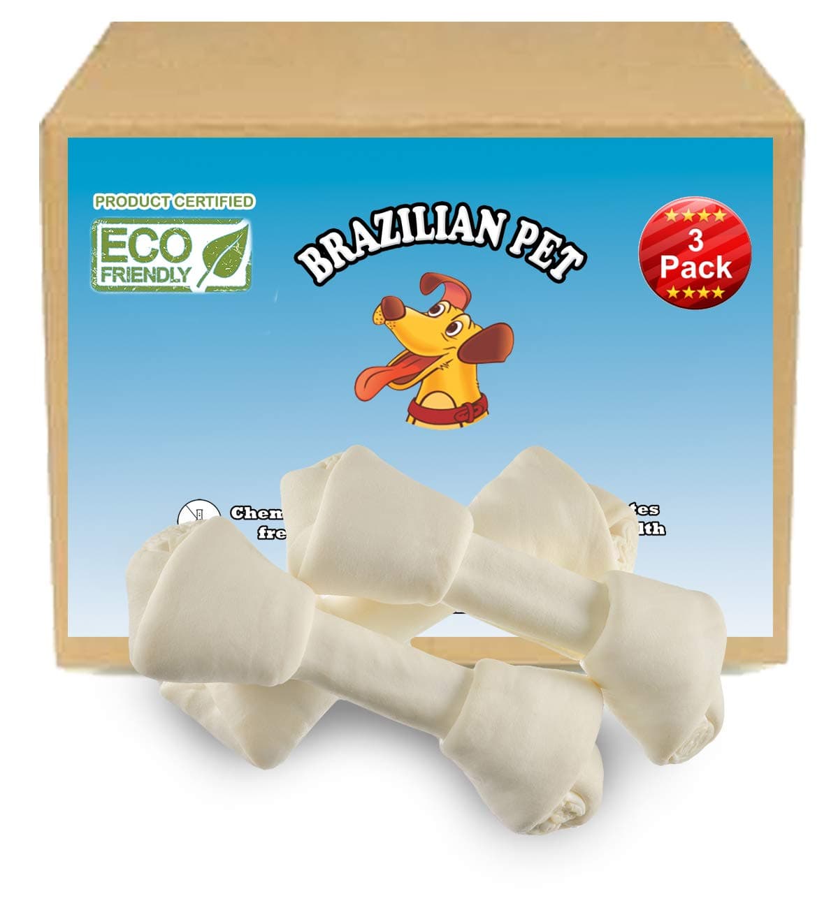 Brazilian Pet Rawhide Bones Bulk for Medium and Large Dogs - Natural Rawhide Protein Treats Knot Bone Chews 9-10" (3 Pack)