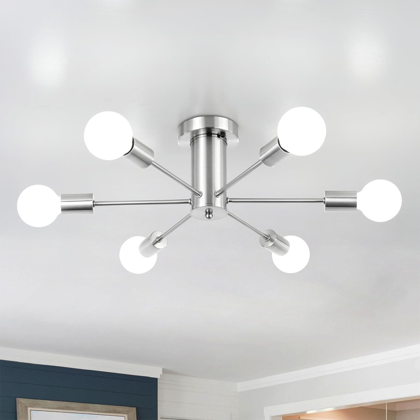 Semi Flush Mount Ceiling Light Fixture 6 Light Brushed Nickel Sputnik Chandeliers for Dining Room Light Fixture Mid Century Modern Ceiling Lamp for Living Room Bedroom Hallway Kitchen Light