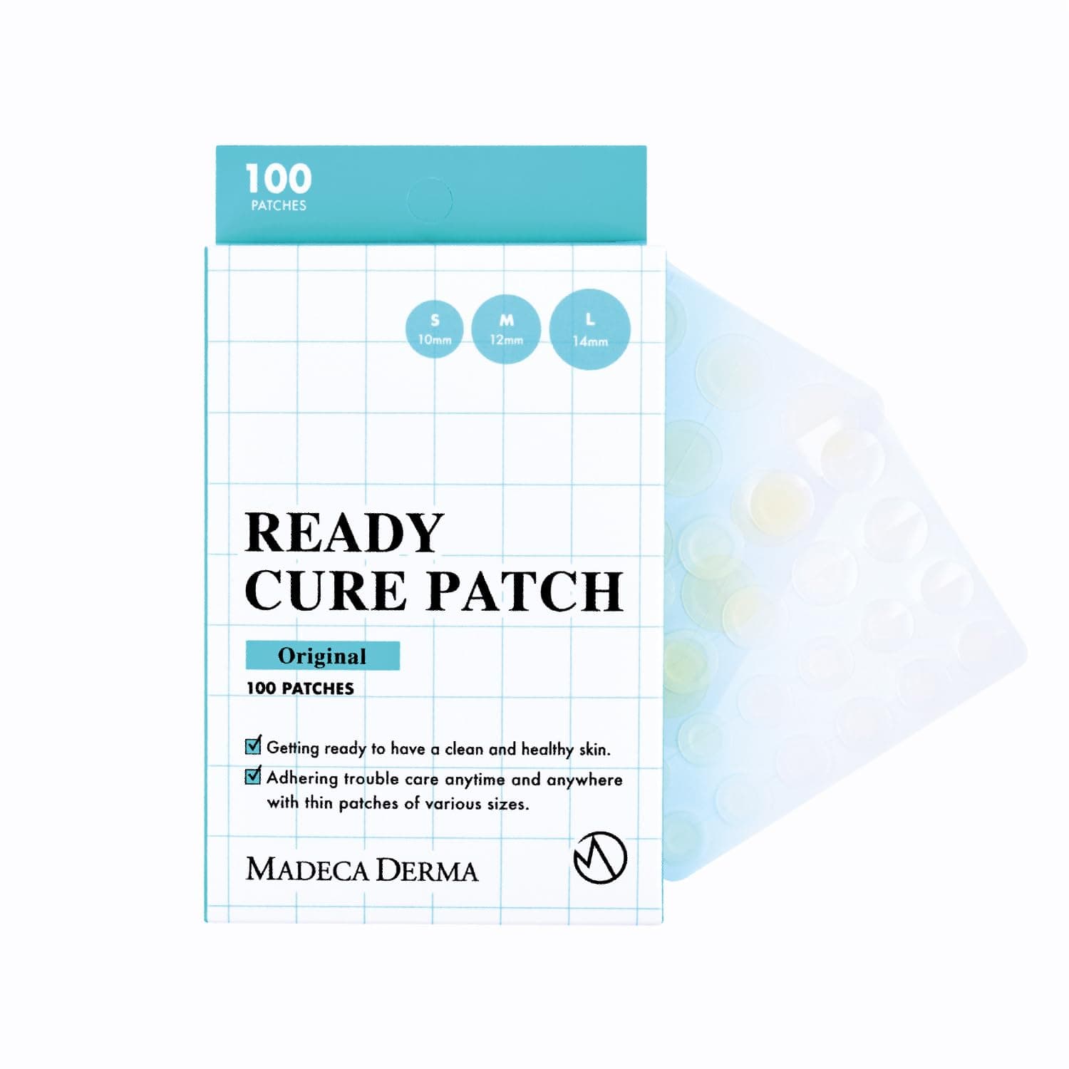 MADECA DERMA Ready Cure Patch Original – Hydrocolloid Acne Patches, Large Pack for Long-Term Use, Multi-Size for Spot, Pimple, Zits & Blemishes Coverage, Ideal for Daily Use (100 Patches / 10,12,14mm)