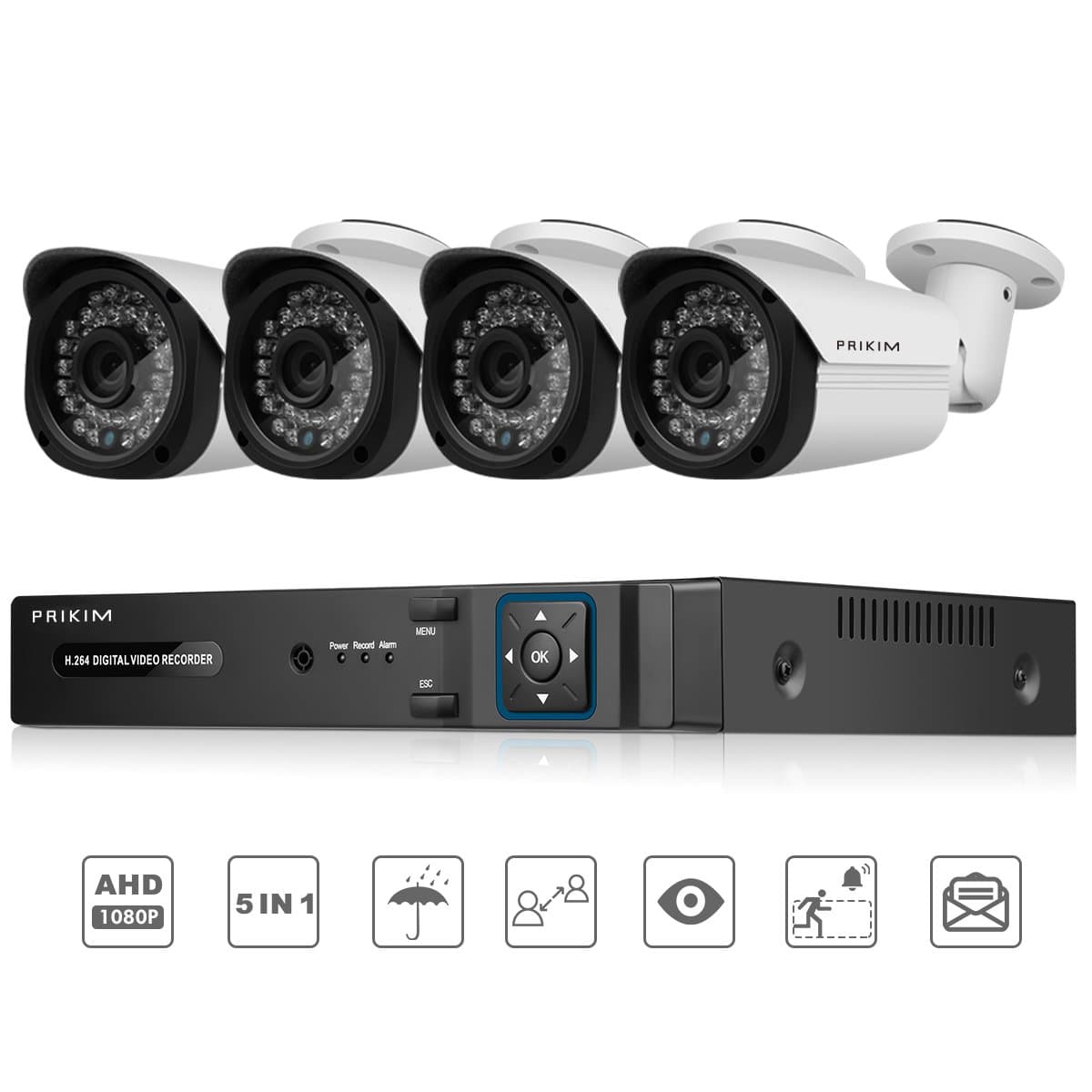 PRIKIM A3 Security Camera System 8CH 1080N HDMI CCTV AHD TVI DVR and 4 x 3000TVL 2.0 MP HD 1080P IP Bullet Cameras for Home Monitoring CCTV Surveillance, white