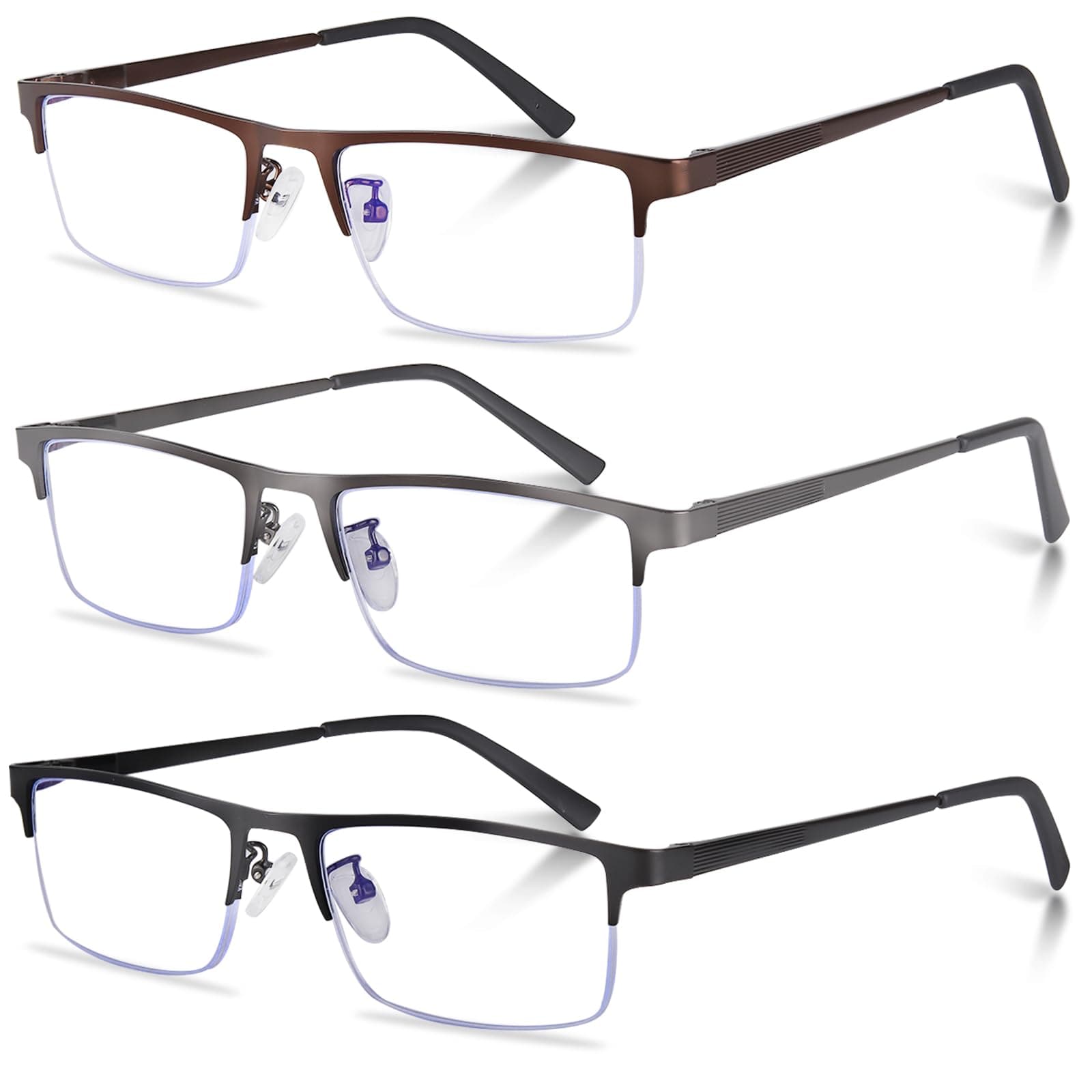 3-Pack Reading Glasses for Men, Lightweight Metal Half Frame Blue Light Blocking Computer Readers
