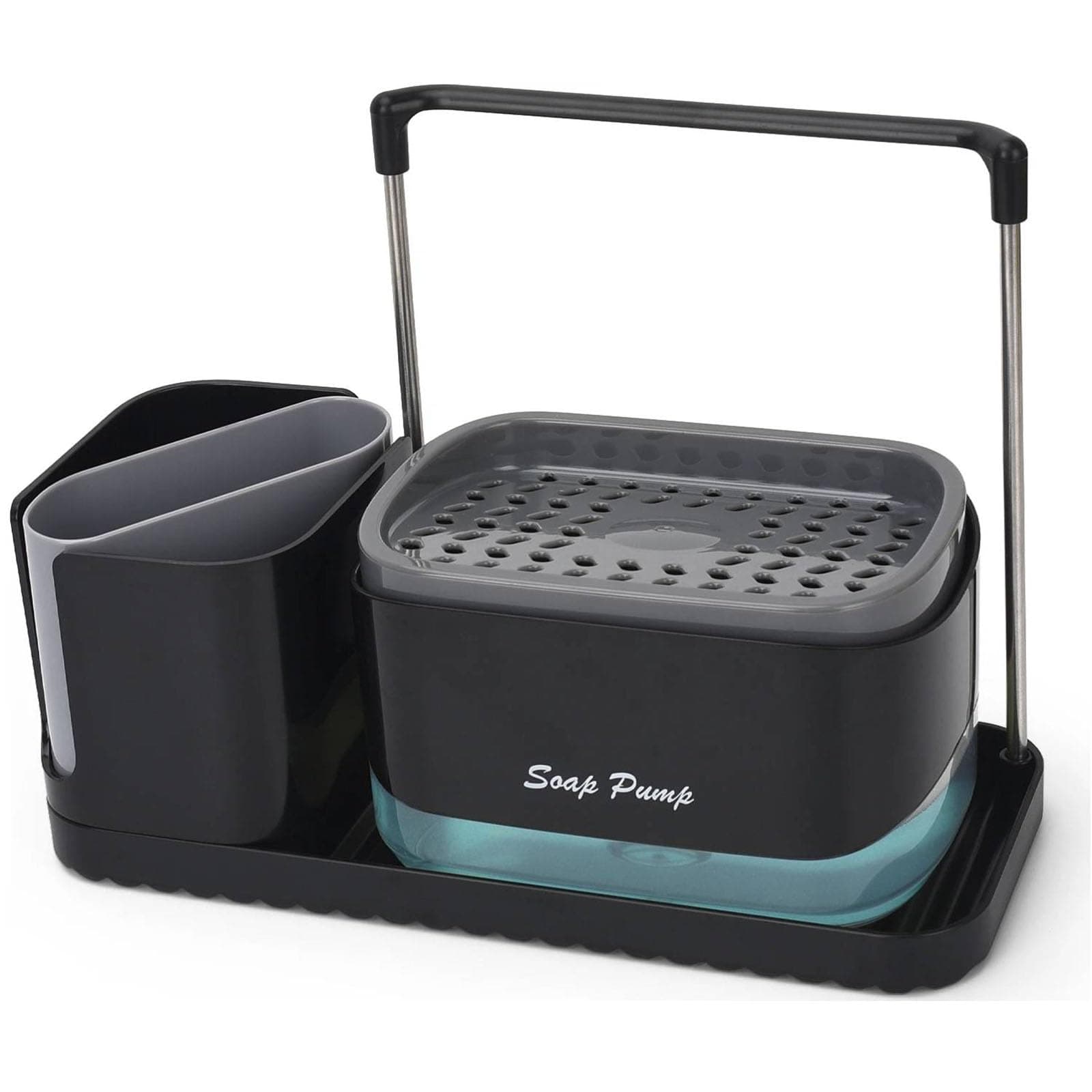 Streamlined Kitchen Organization: Dish Soap Dispenser and Caddy Set, Tray, Sponge Holder, Dishcloth Holder, and Dish Brush Holder - Simplify Countertop Storage with Smart Gadgets.