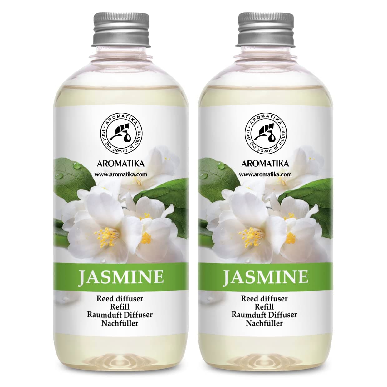 AROMATIKA Reed Diffuser Refill Jasmine with Jasmine Essential Oil 34 Fl Oz - 2x500ml - Fragrance Oil Reed Diffuser Refill - Jasmine Room Freshener - Floral Fragrance - Fresh and Long Lasting Fragrance