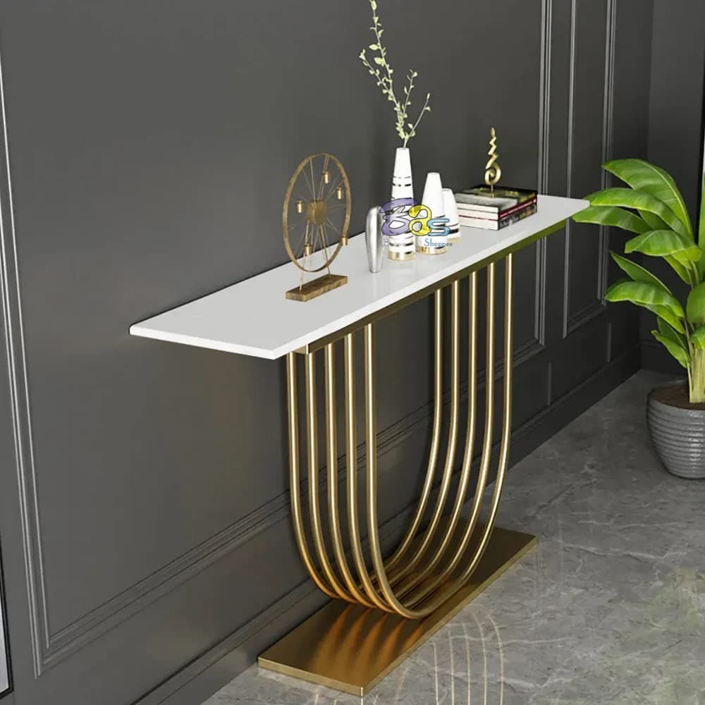 Console Table with Gold Base Foyer Table, Narrow Modern Hallway Table with Geometric Iron Legs for Living Room, Hallway, Entrance (Golden White)