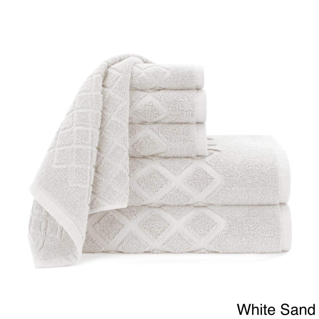 UK4 6 Piece White Jacquard Towel Set, Sand Diamond Pattern Theme Solid Colored Textured Bath Towels Sleek Trendy Modern Bathroom Shower Hand Washcloth Shower Bathtub, Cotton